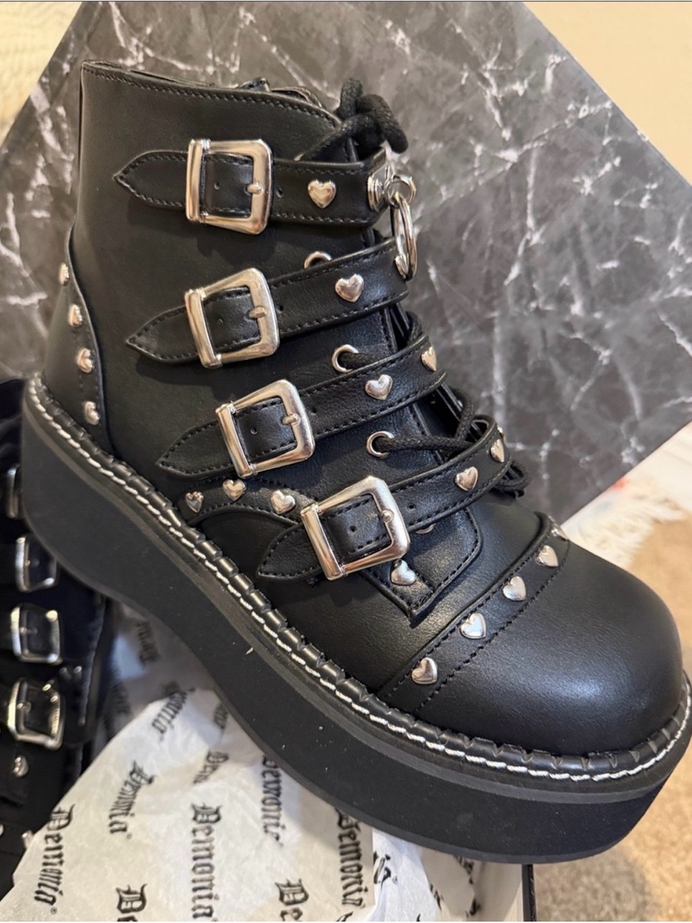 Demonia Emily 315 Black, Heart-Stud Boots